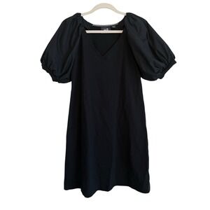 Anthropologie Maeve Women's Medium Black‎ Annika Knit Dress Puff Sleeve Poplin